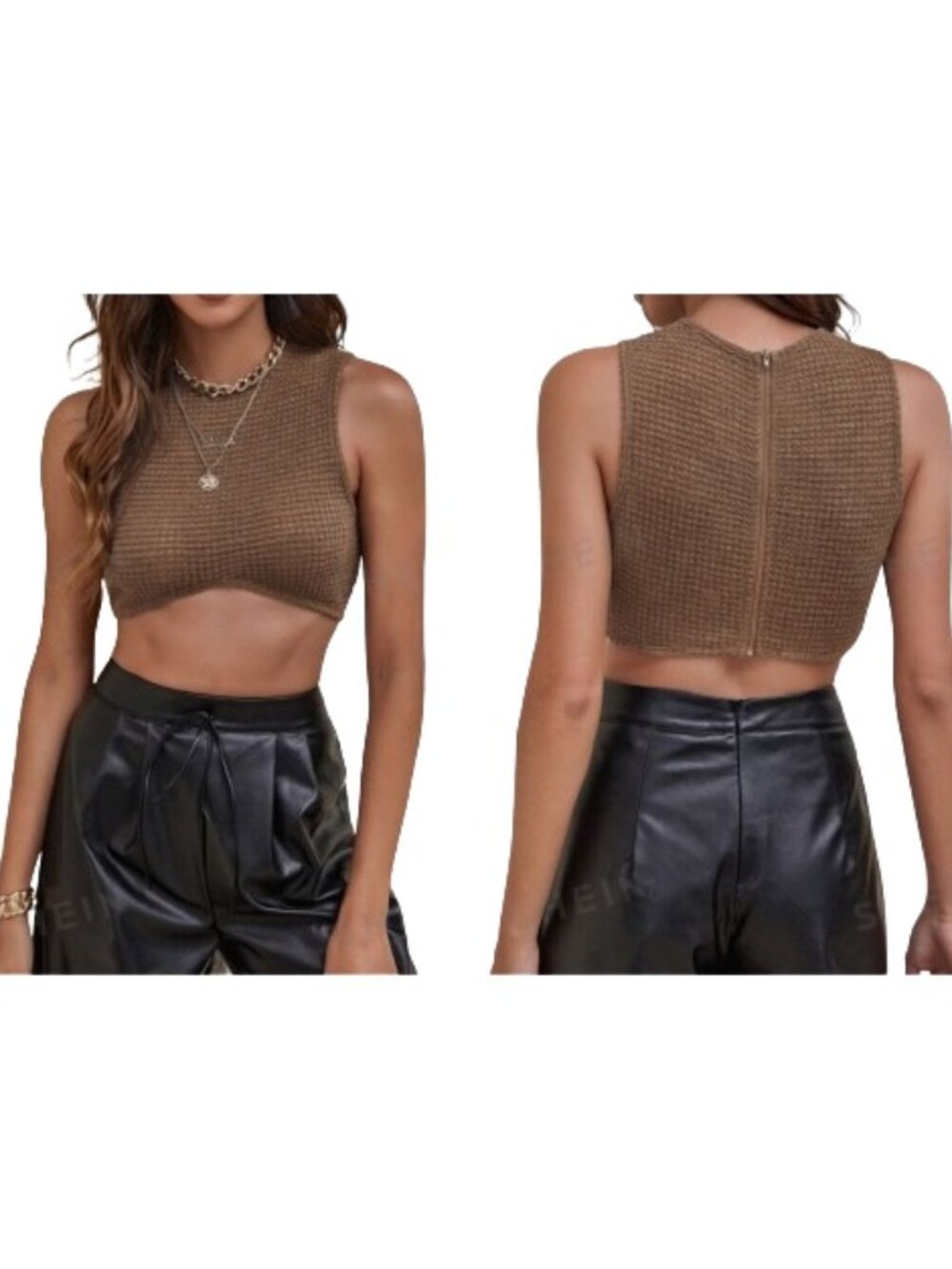 SHEIN Brown Waffle-Knit Crop Top High Neck Sleeveless Curved Front Hemline